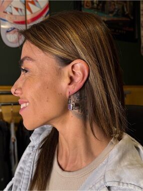 Vintage Sterling Silver Purple Copper Turquoise Rectangle Drop Earrings